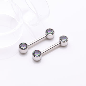 Detail View 1 of A Pair of Implant Grade Titanium Bezel Set Sparkle Internally Threaded Nipple Barbell-Vitrail Medium